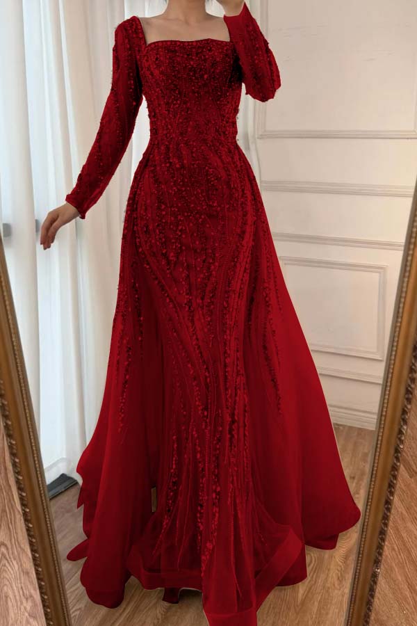 Square Neck Long Sleeves Long Mermaid Formal Dress With Beading Tulle