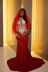 Gorgeous Long Red Mermaid Sequined Sleeveless Prom Dress with Veil