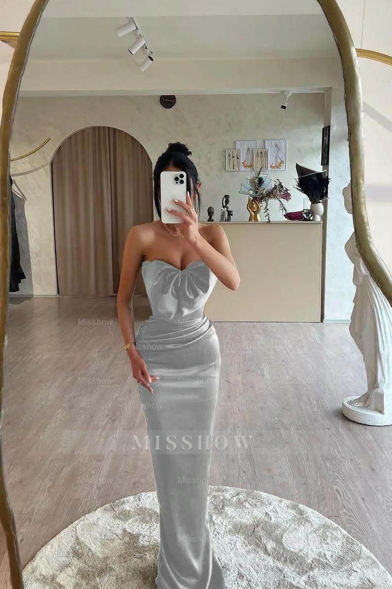 Strapless Sleeveless Long Mermaid Formal Dress With Bowknot Pleated