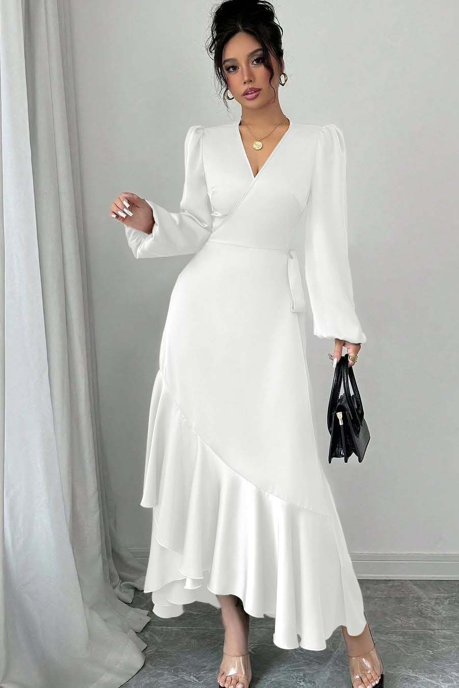Shinning Long Sleeves V Neck Long Formal Dress With Ruffles Pleated
