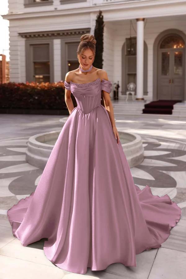 Off the Shoulder Sleeveless Long Formal Dress With Pleated Beading