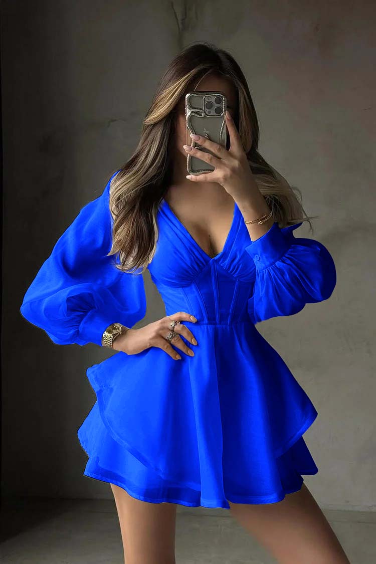 White Long Sleeves V Neck Short Formal Dress With Ruffles Pleated