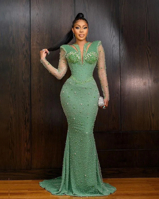 Shinning Applique Long Sleeves Green Mermaid Floor Length Formal Dress
