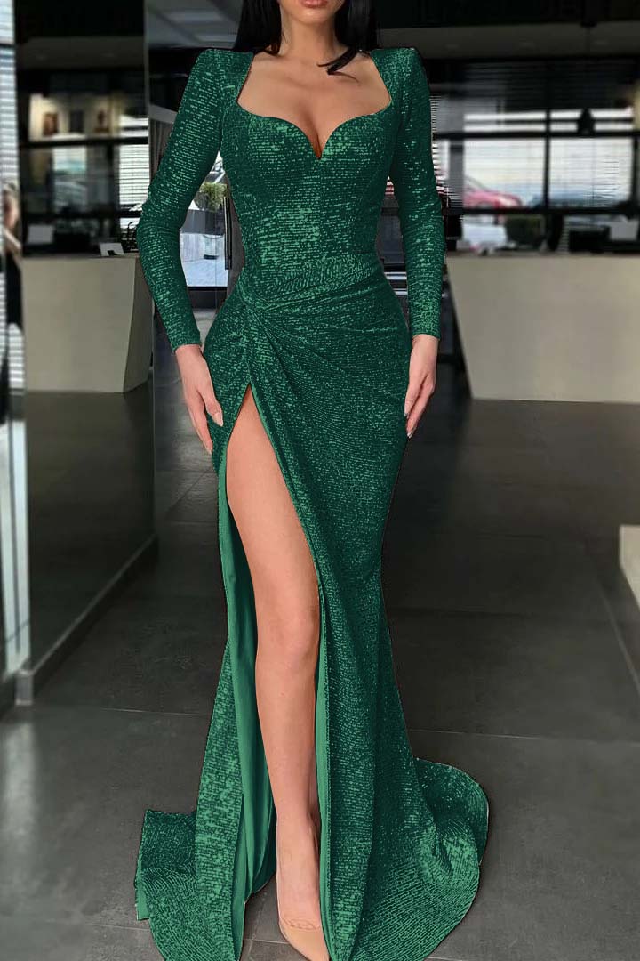 Long Sleeves High Split Long Formal Dress Mermaid With Sequins
