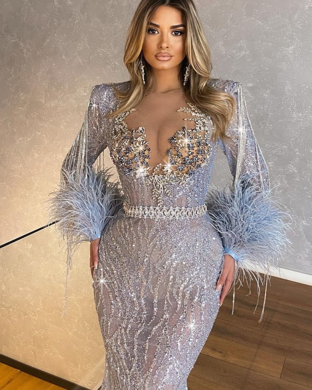 Long Sleeves Mermaid Beaded Tassels Long Formal Dress With Feathers