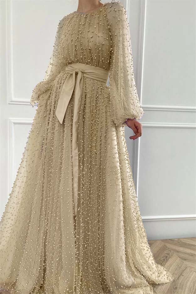 Long Sleeves Long Jewel Neck Formal Dress With Pleated Beading