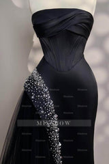 Chic Strapless Sleeveless Long Formal Dress With Beading Tulle