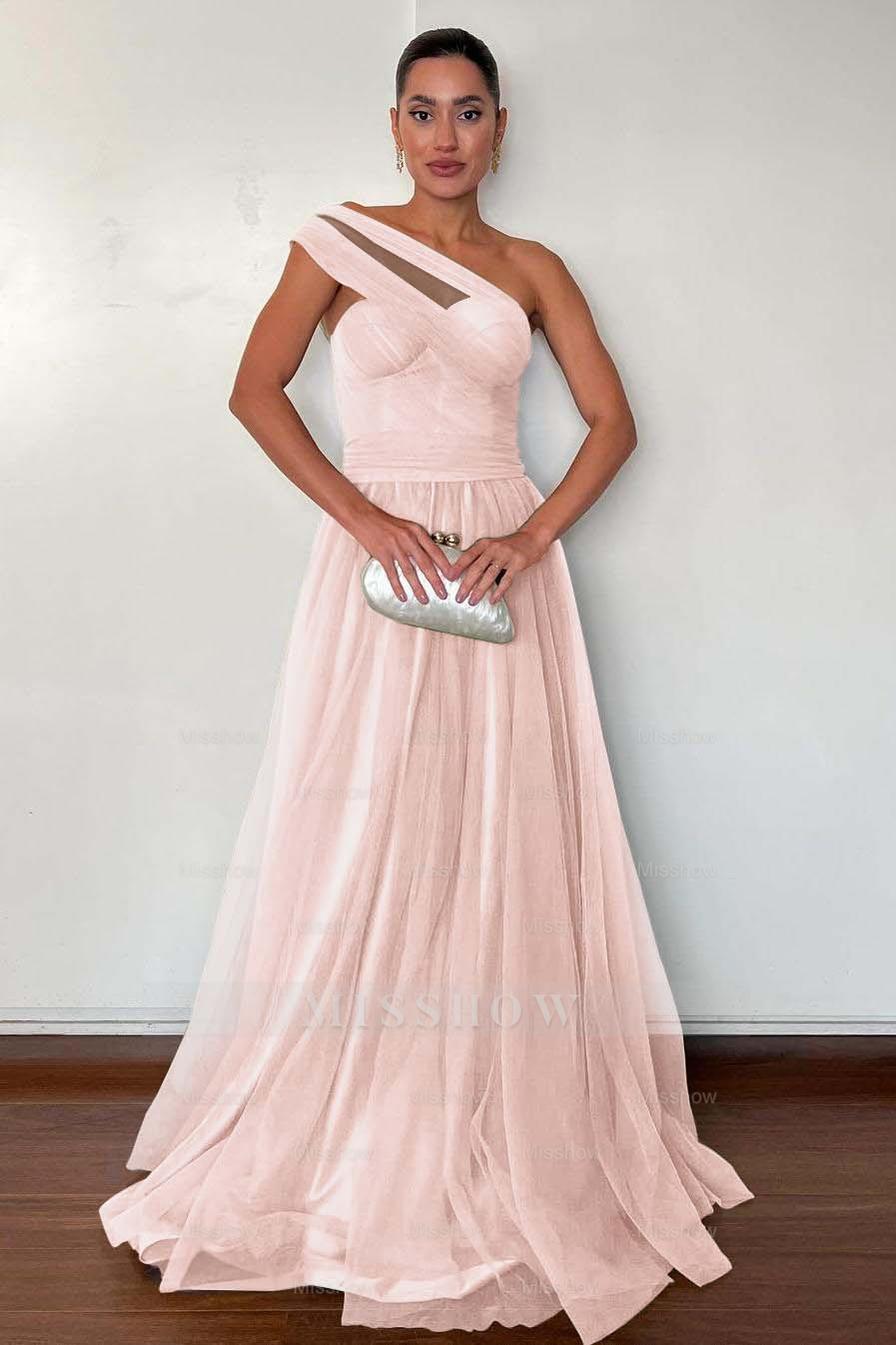 One Shoulder Sweetheart Sleeveless Long Formal Dress With Pleated