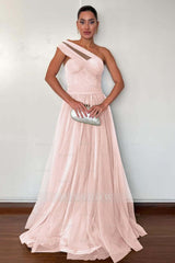One Shoulder Sweetheart Sleeveless Long Formal Dress With Pleated