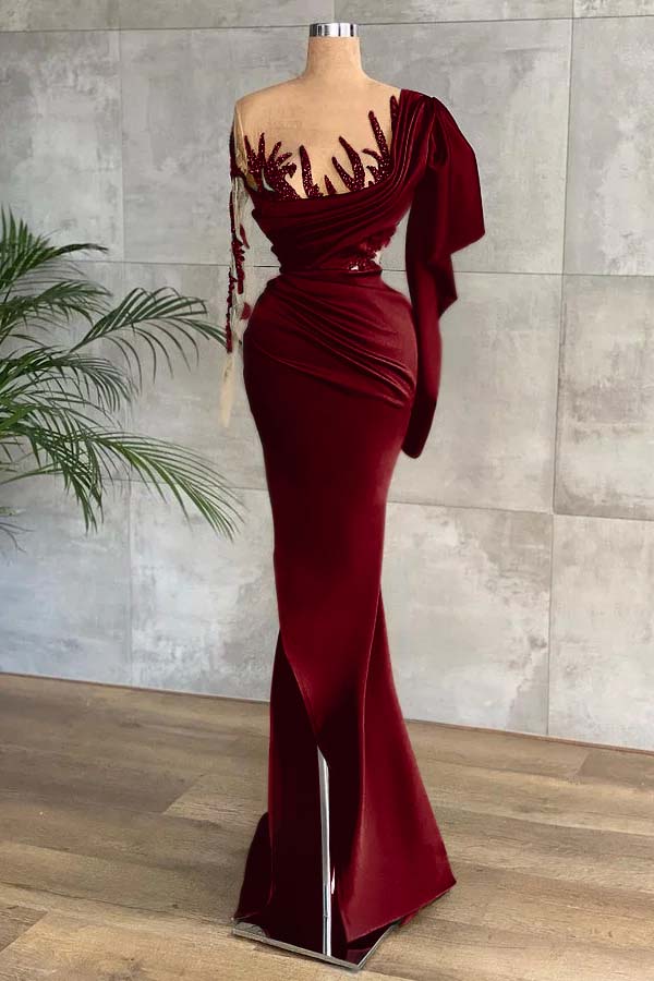 Green Long Sleeves Mermaid Side Split Formal Dress With Appliques