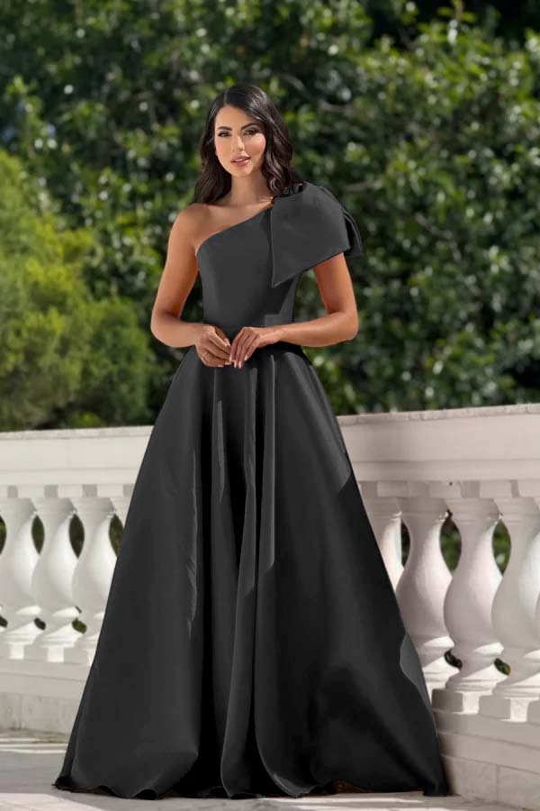 One Shoulder Sleeveless Long Formal Dress With Pleated Bowknot