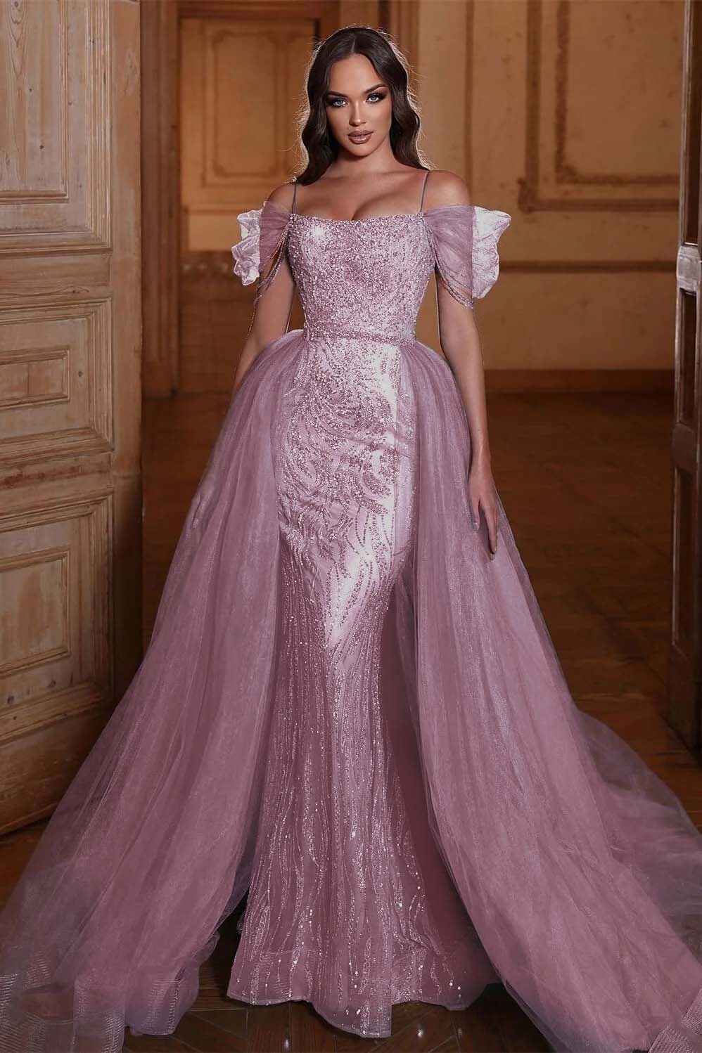 Off the Shoulder Mermaid Formal Dress Tulle Ruffles With Appliques