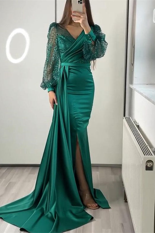 V Neck Long Sleeves Sequins Mermaid Split Formal Dress With Ruffles