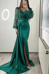 V Neck Long Sleeves Sequins Mermaid Split Formal Dress With Ruffles