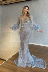 Long Sleeves Mermaid Beaded Tassels Long Formal Dress With Feathers