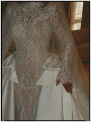 Luxury White Long Mermaid Lace Glitter Wedding Dress With Long Sleeves and Detachable Train