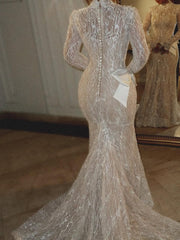 Luxury White Long Mermaid Lace Glitter Wedding Dress With Long Sleeves and Detachable Train