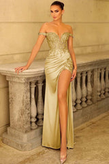 Off the Shoulder Sleeveless Strapless Long Split Formal Dress With Appliques