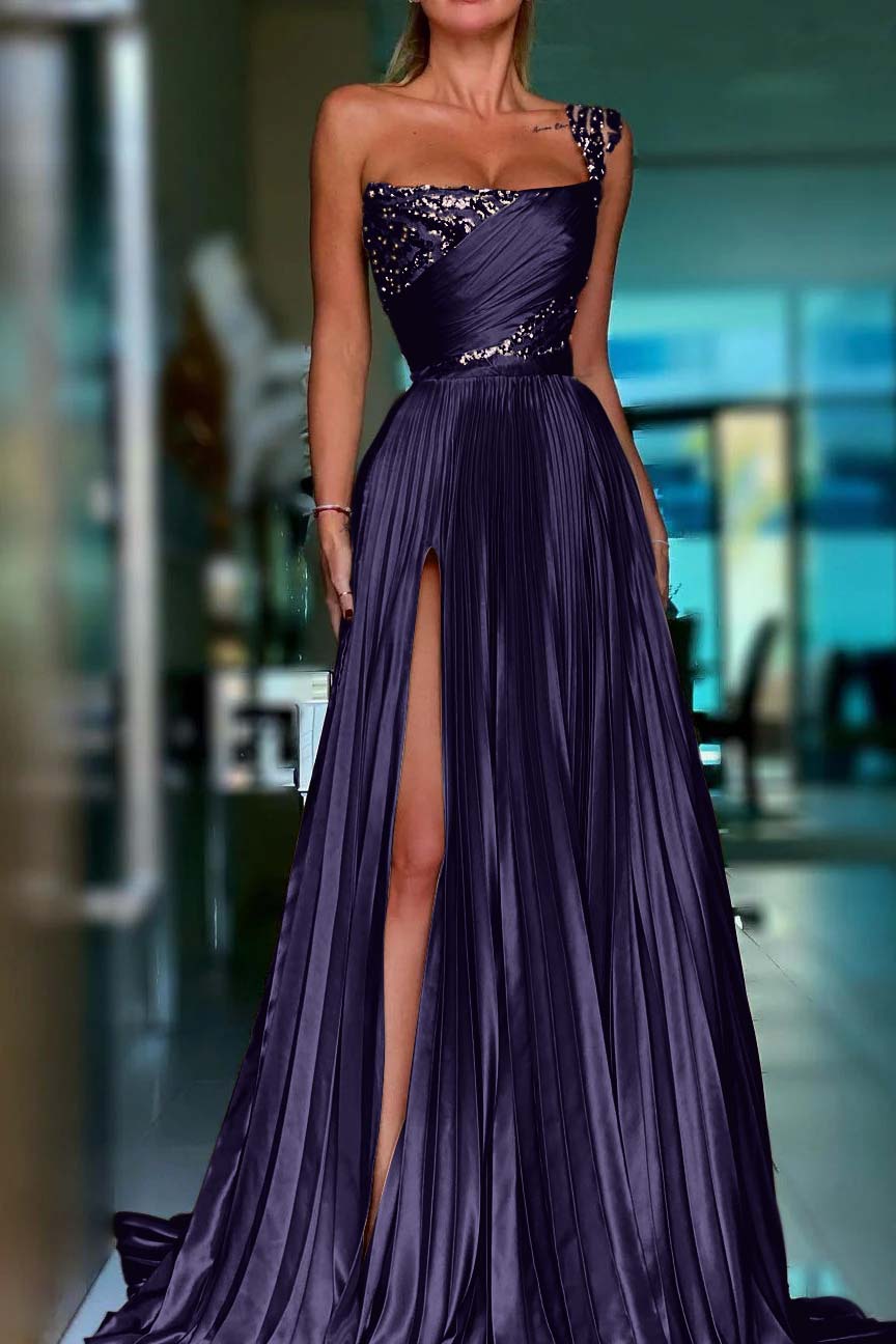 One Shoulder Sleeveless Long Formal Dress With High Split Sequins