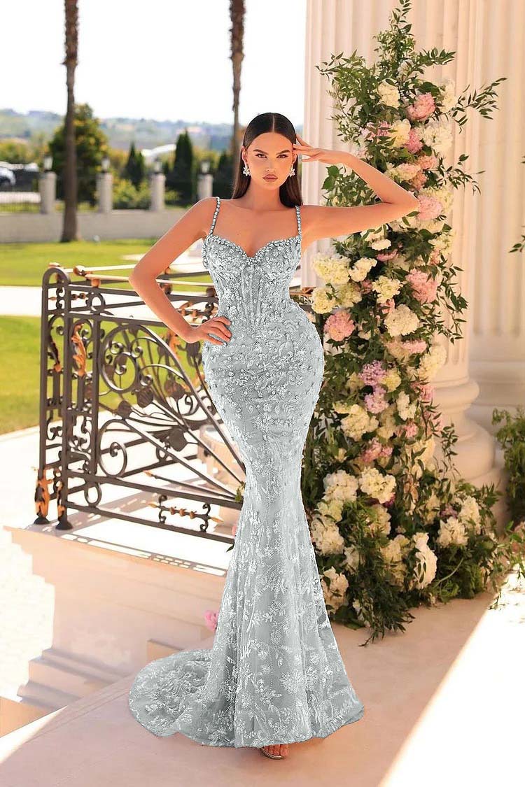 Spaghetti Strap Sleeveless Mermaid Appliques Long Formal Dress With Beadings