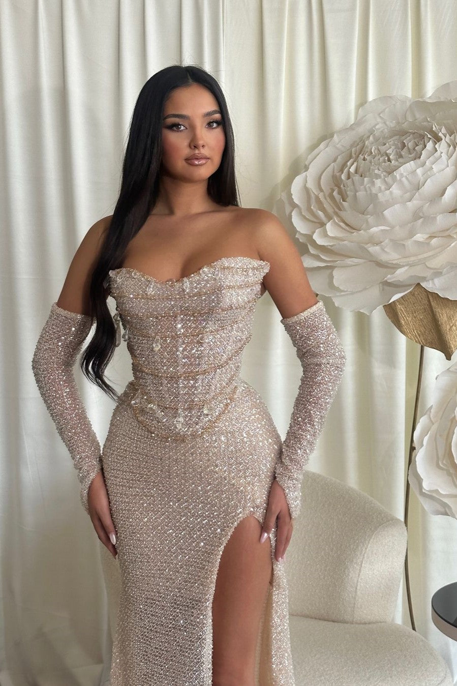 Chic Sequins Strapless Sleeveless Long Split Formal Dress With Outer Sleeves