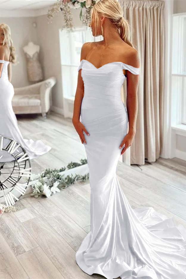 Off the Shoulder Sleeveless Mermaid Long Formal Dress With Pleated