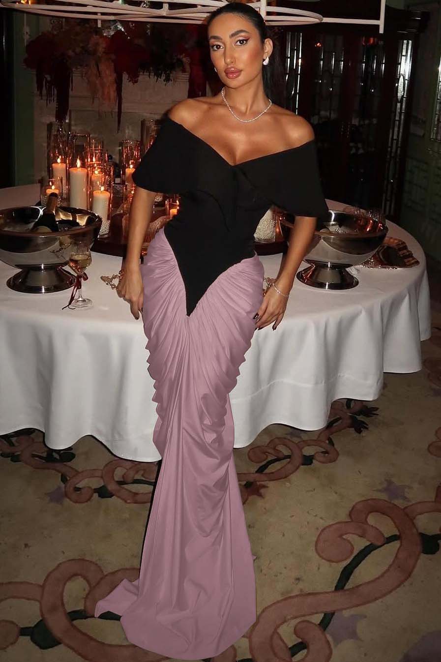 Off the Shoulder Strapless Mermaid Long Formal Dress With Pleated Gloves