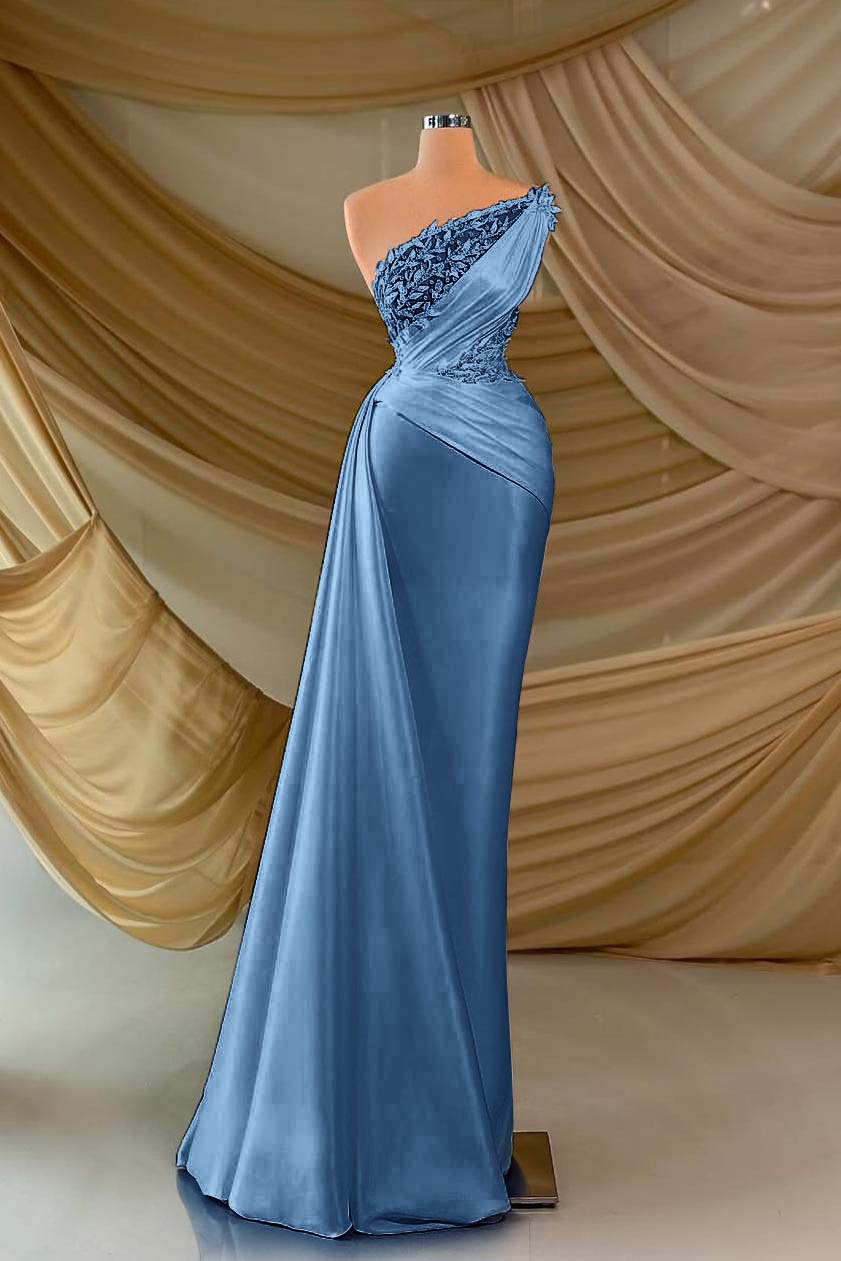 One Shoulder Sleeveless Long Formal Dress With Appliques Ruffles
