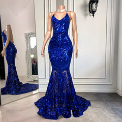 Mermaid Spaghetti Strap Sleeveless Royal Blue Long Formal Dress With Sequins