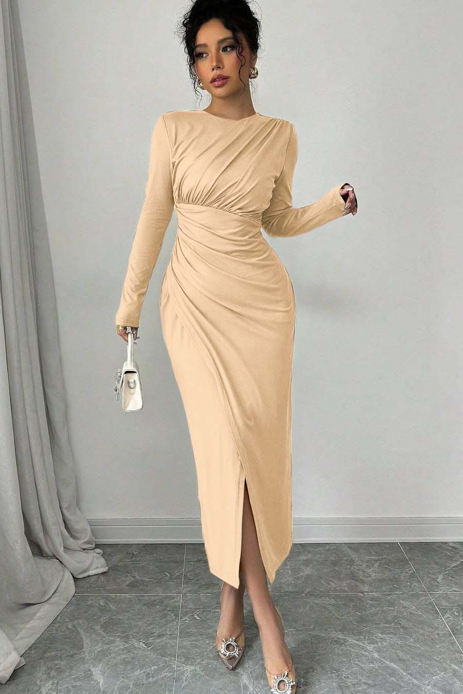 Long Sleeves Jewel Neck Tea Length Formal Dress With Split Pleated