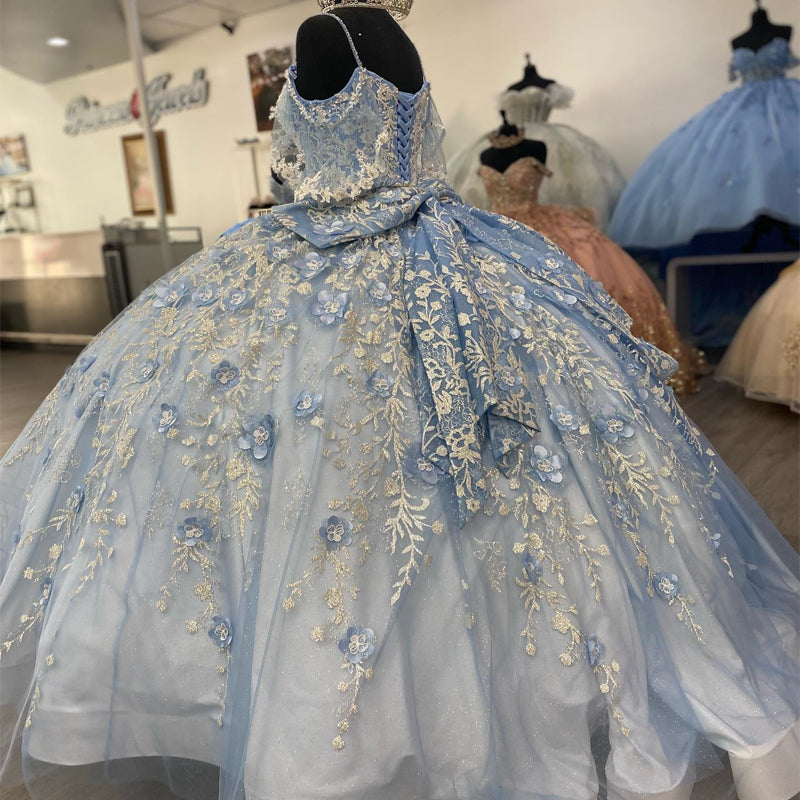 Misshow Sky Blue Tulle Princess Ball Gown V-Neck Spaghetti Straps Floral Appliques & Beaded Lace-Up for Quinceanera or Sweet 16