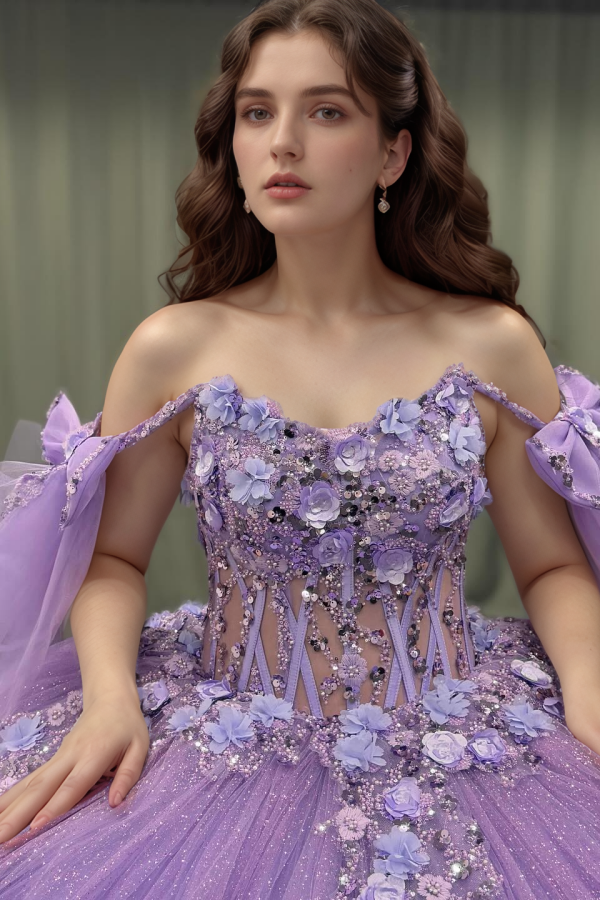 Misshow Off-Shoulder Purple Ball Gown Sequined 3D Floral Applique Pleated Tulle Quinceanera & Sweet 16 Party Dress