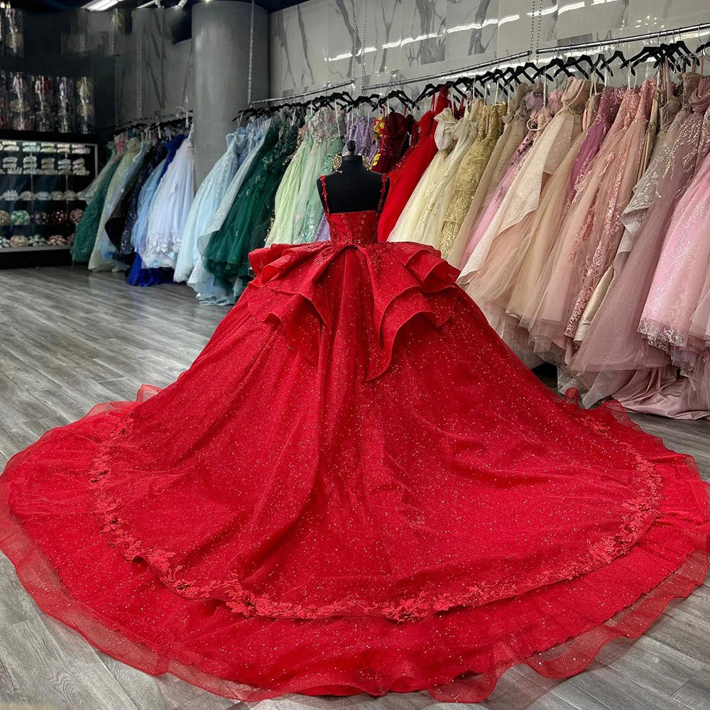 Misshow Red Tulle Quinceanera Dress Sweetheart Neckline with Lace Appliques & Beaded Spaghetti Straps for Sweet 16 or Ball Gown Events