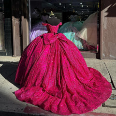 Misshow Off-Shoulder Ball Gown Sweetheart Neckline Hot Pink Tulle Quinceanera Dress for Princess Evening & Sweet 16 Parties