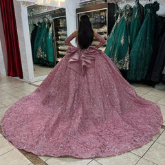 Misshow Ball Gown with Detachable Sleeves Sequined & Beaded Dusty Pink Tulle Princess Dress for Quinceanera & Sweet 16