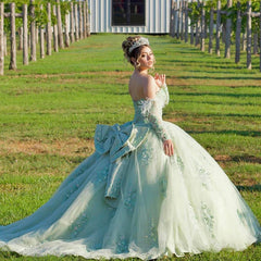 Misshow Mint Green Ball Gown with Detachable Strapless Sleeves 3D Floral Lace Applique & Corset Bow for Quinceanera & Sweet 16