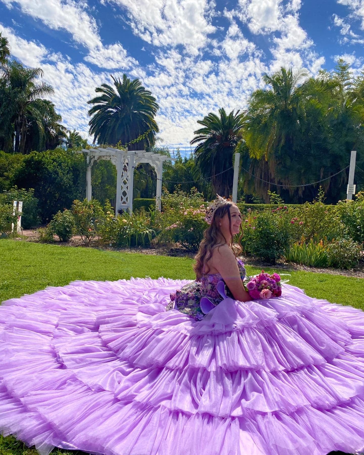 Misshow Lavender Tulle Quinceanera Dress Strapless Ball Gown with Floral Appliques & Tiered Skirt for Sweet 16