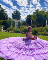 Misshow Lavender Tulle Quinceanera Dress Strapless Ball Gown with Floral Appliques & Tiered Skirt for Sweet 16