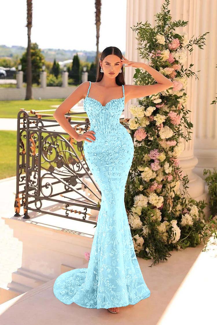 Spaghetti Strap Sleeveless Mermaid Appliques Long Formal Dress With Beadings