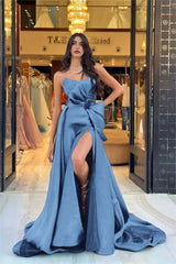 Chic Navy Blue Strapless Sleeveless Long Split Formal Dress With Bowknot