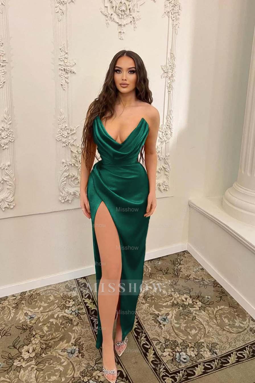 Sleeveless Strapless Long Mermaid Split Formal Dress With Pleated