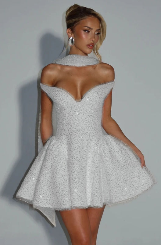 Off the Shoulder Sleeveless Short A Line Formal Dress With Sequin