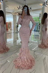Chic Pink Long Formal Dress With Feather Long Sleeves Sequins