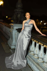 One Shoulder Sleeveless Mermaid Long Formal Dress With Ruffles Pleated