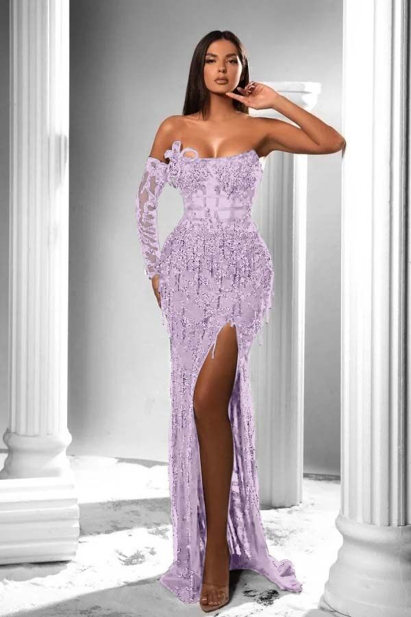 Strapless Long Sleeve High Split Long Formal Dress With Appliques