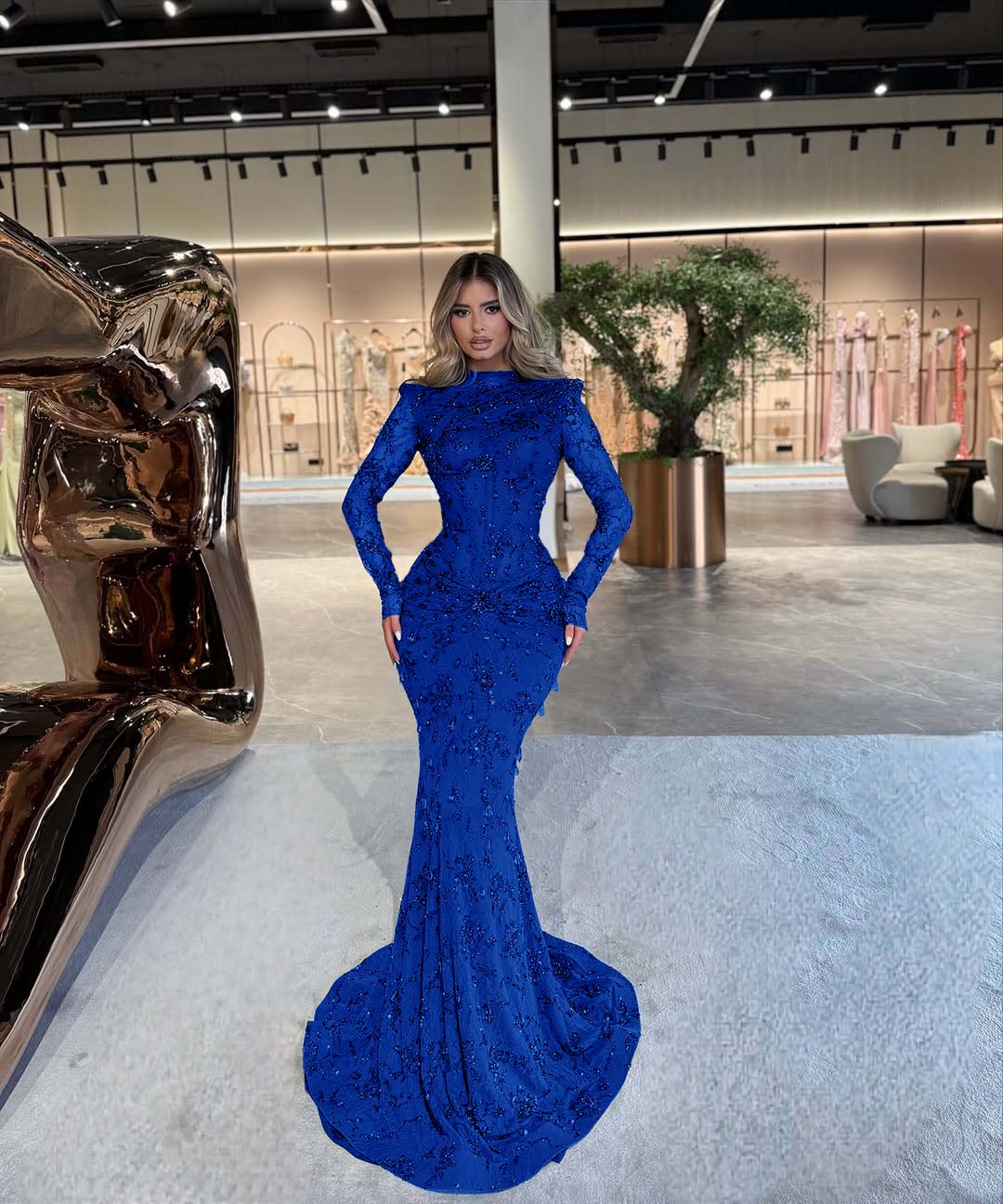 High Neck Long Sleeves Long Mermaid Formal Dress With Beading Pleated