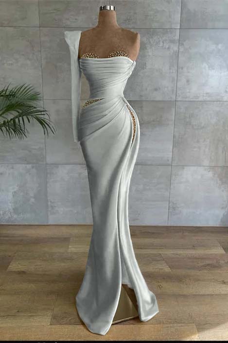 One Shoulder Long Sleeve Long High Split Formal Dress With Beading