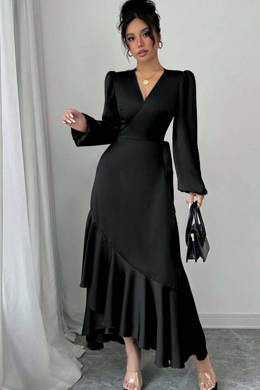 Shinning Long Sleeves V Neck Long Formal Dress With Ruffles Pleated