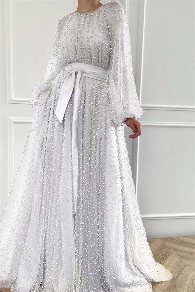Long Sleeves Long Jewel Neck Formal Dress With Pleated Beading