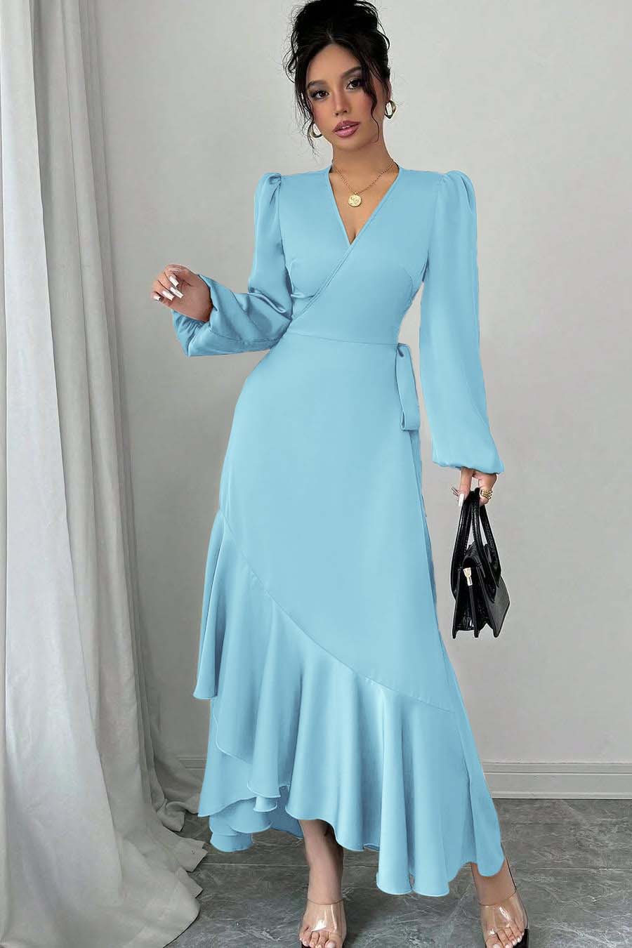 Shinning Long Sleeves V Neck Long Formal Dress With Ruffles Pleated